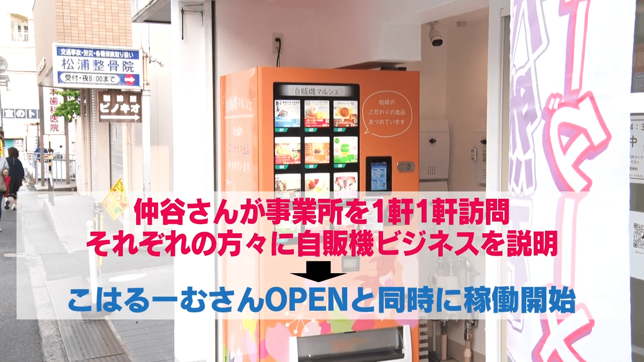 仲谷さんが事業所を一軒一軒訪問。それぞれの方々に自販機ビジネスを説明。こはるーむさんOPENと同時に稼働開始